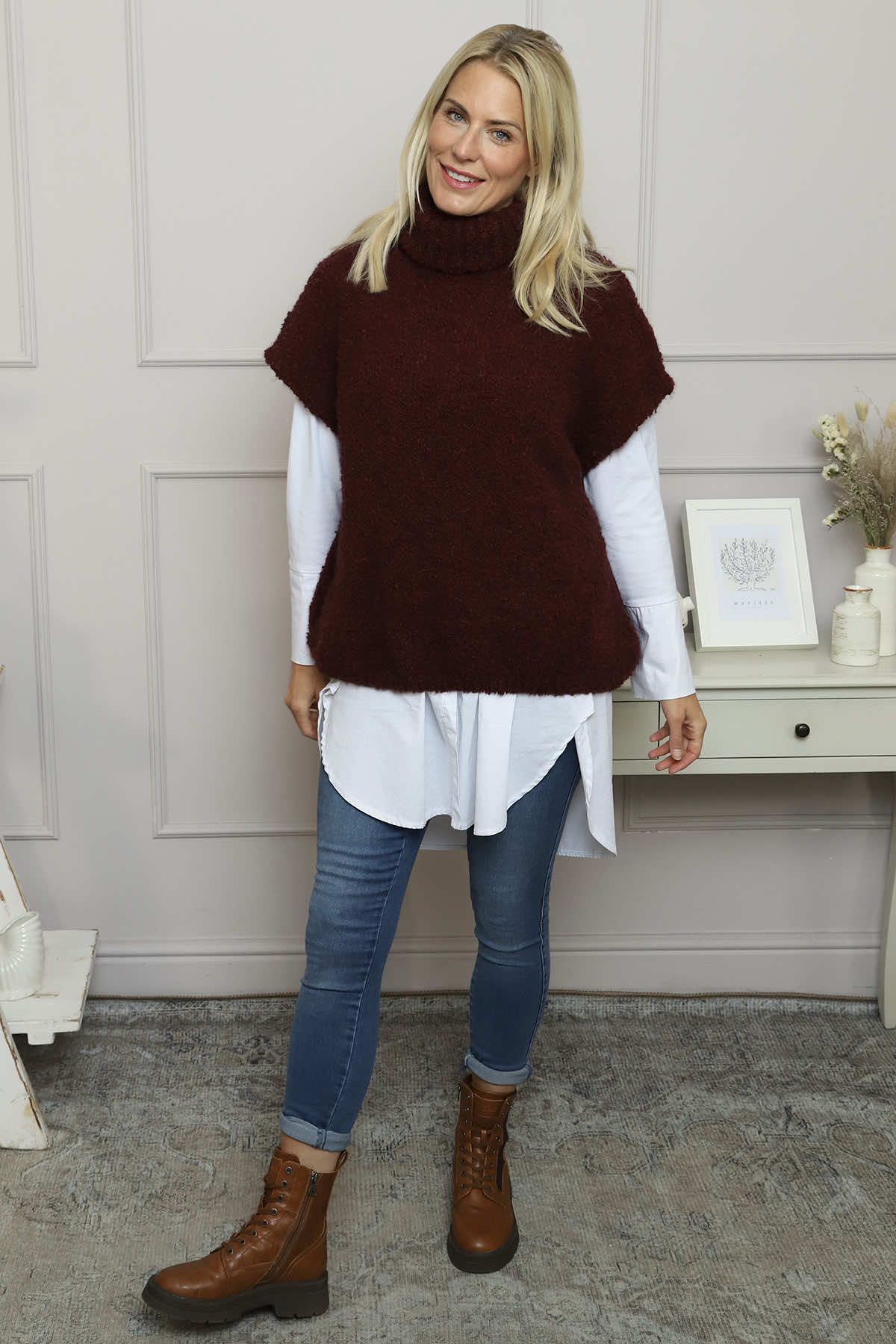 Sorelle Roll Neck Knit Top Wine
