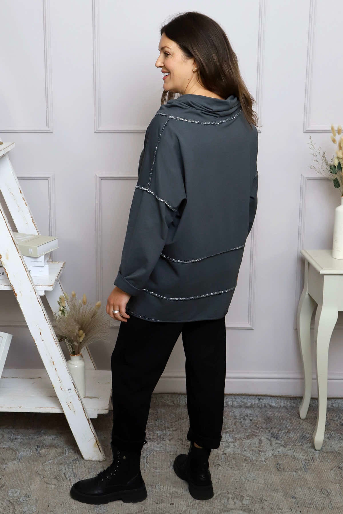 Clarina Cowl Neck Cotton Top Mid Grey