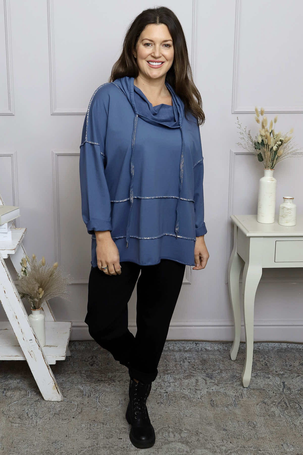 Clarina Cowl Neck Cotton Top Blue