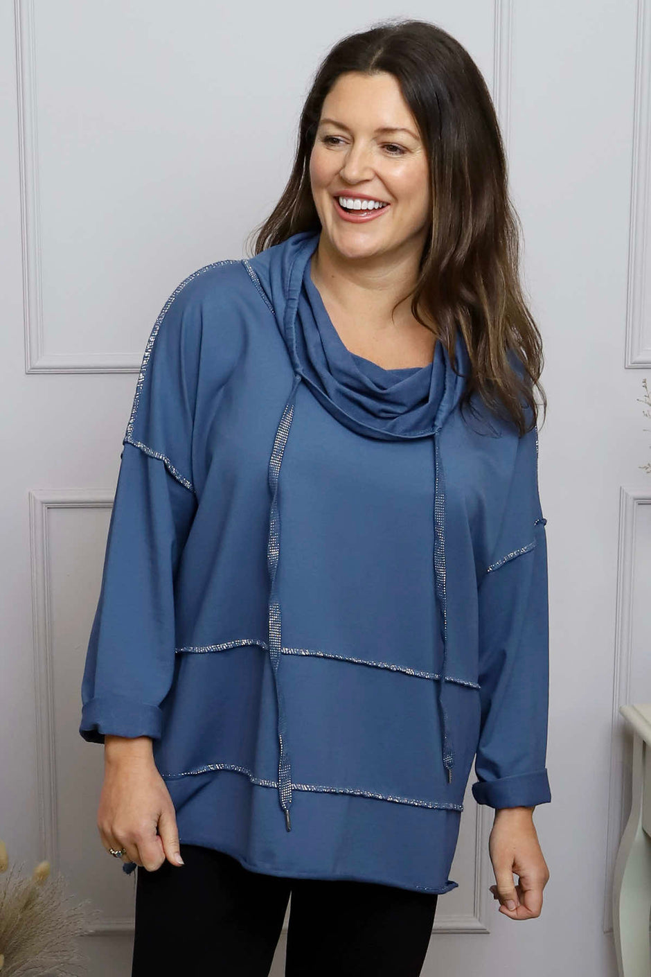 Clarina Cowl Neck Cotton Top Blue