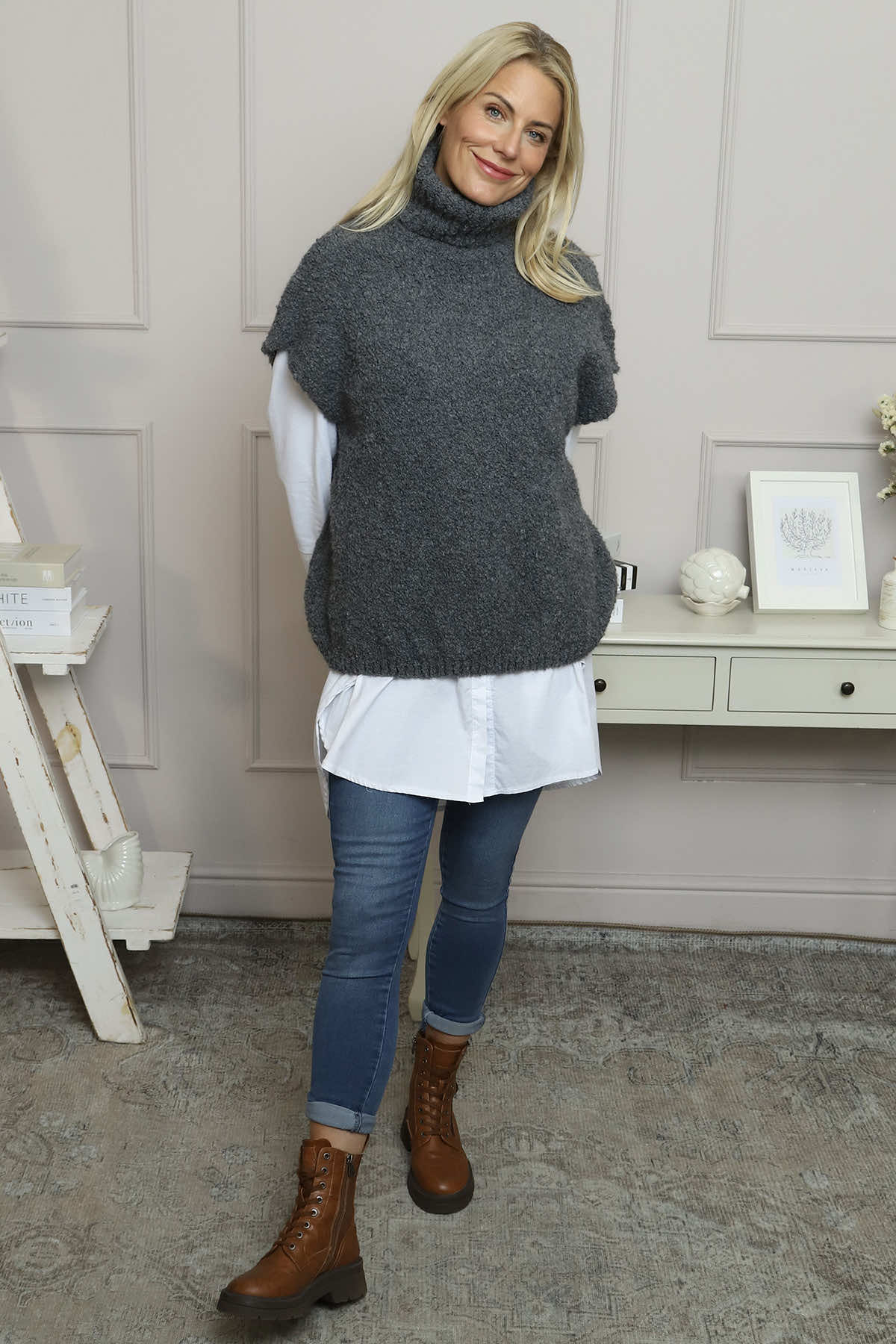 Sorelle Roll Neck Knit Top Mid Grey