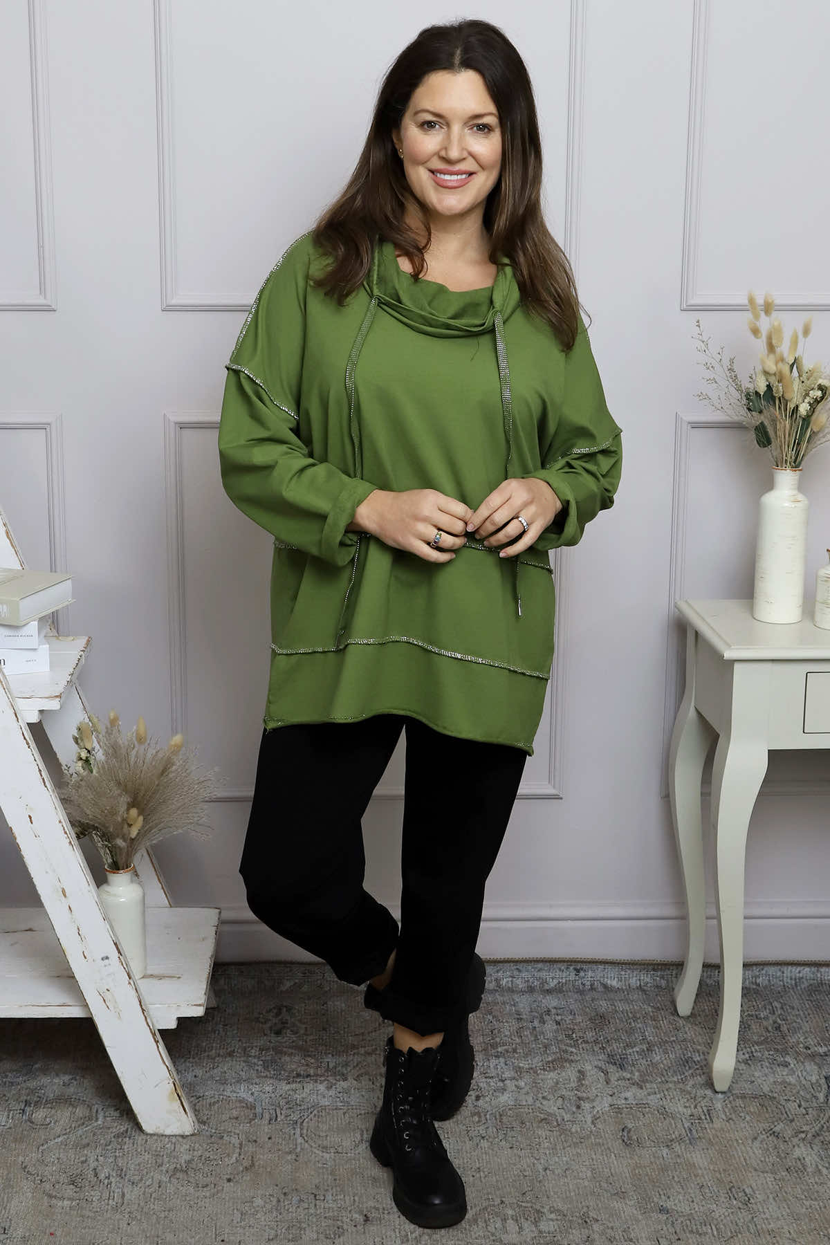 Clarina Cowl Neck Cotton Top Olive