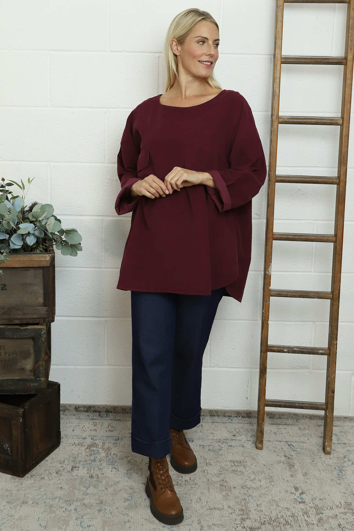 Selene Needlecord Pocket Top Burgundy