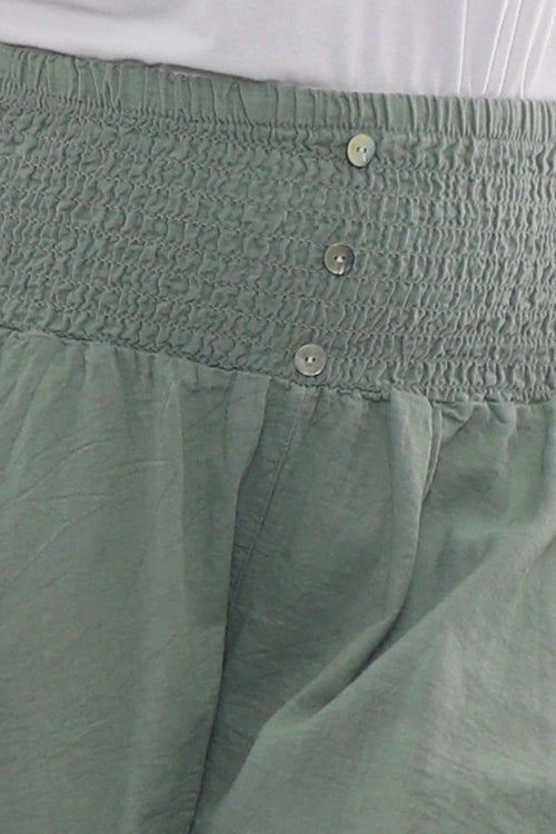 Delara Button Detail Linen Shorts Sage Green - Image 3