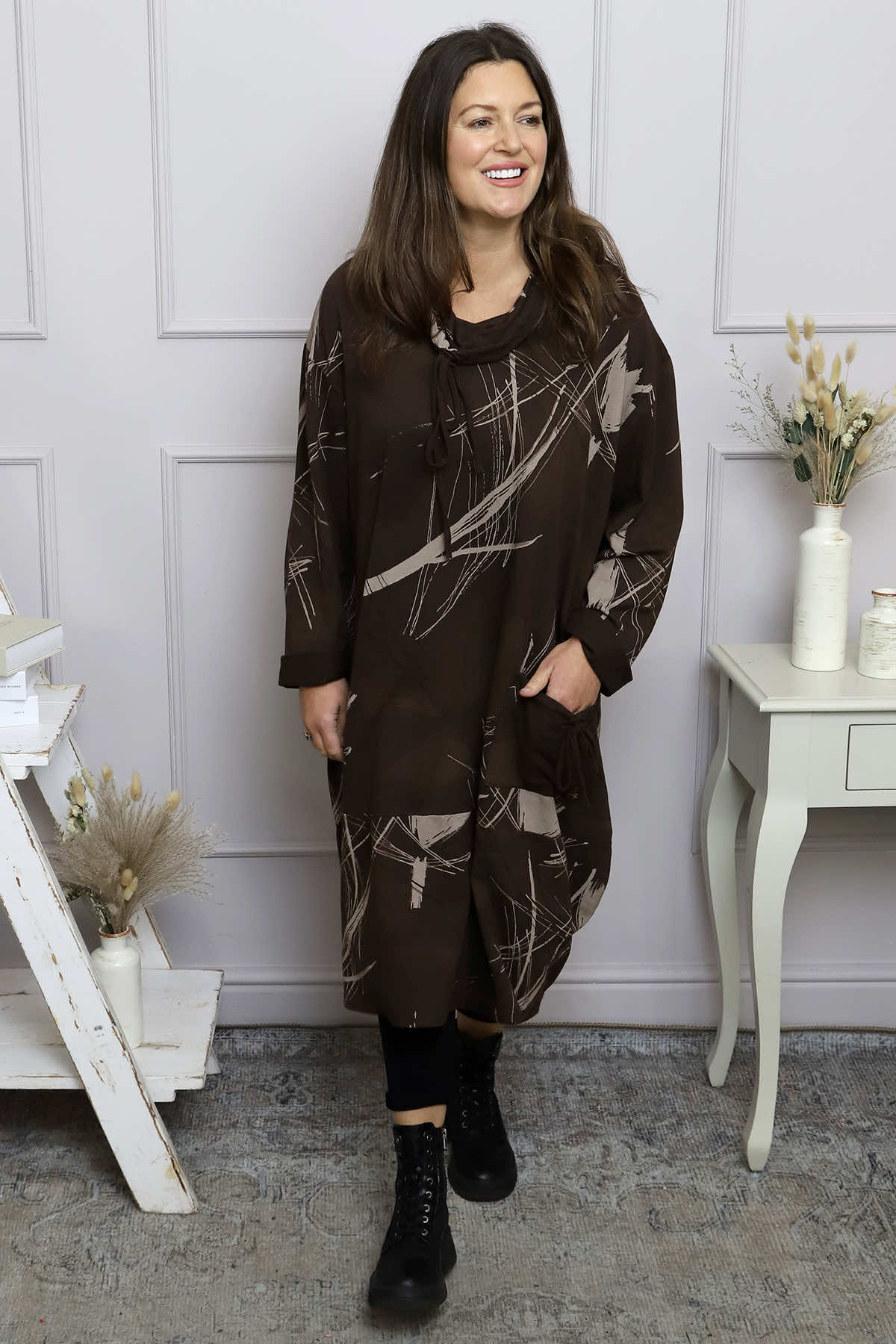 Charlize Pattern Cowl Neck Cotton Dress Cocoa