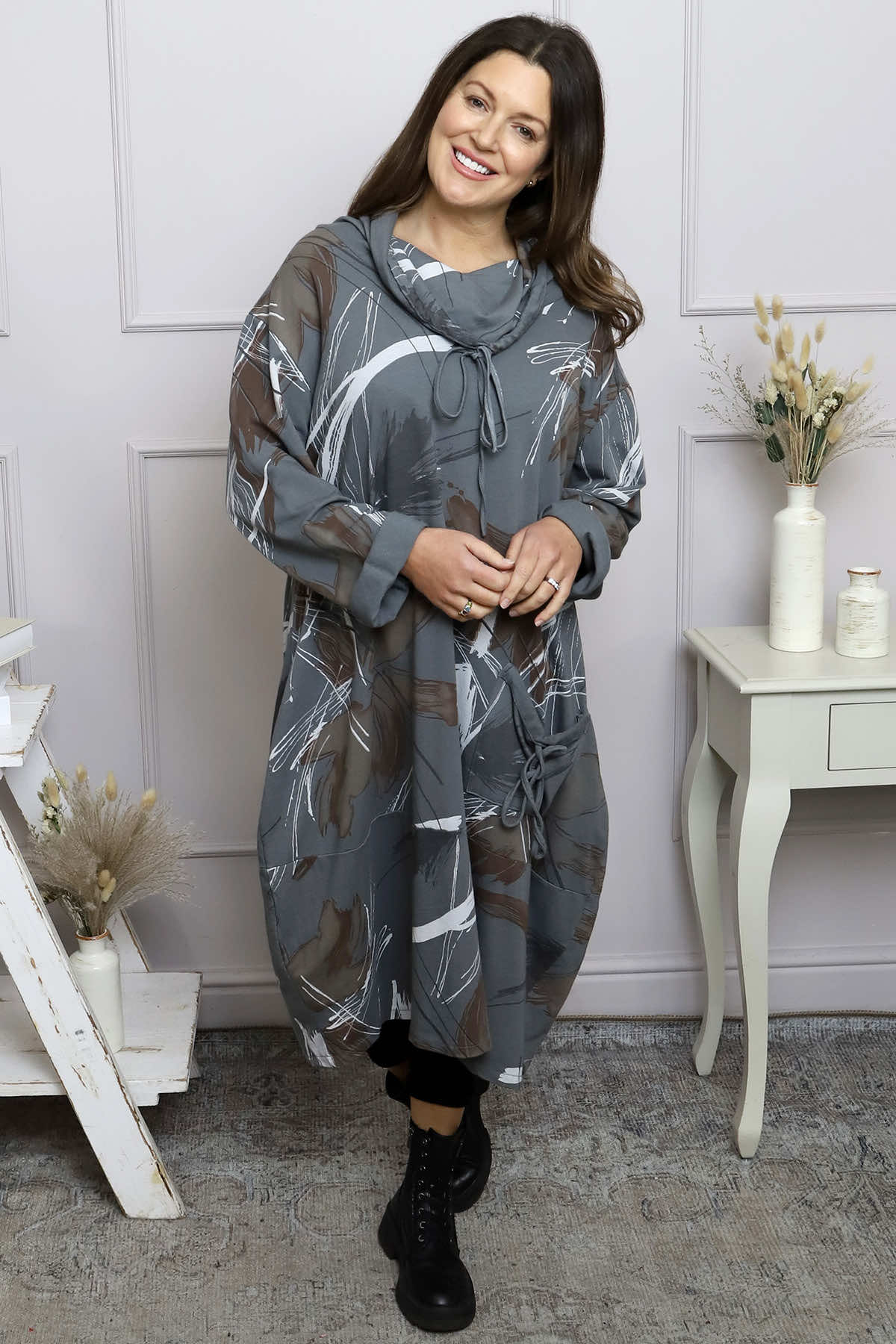 Charlize Pattern Cowl Neck Cotton Dress Mid Grey