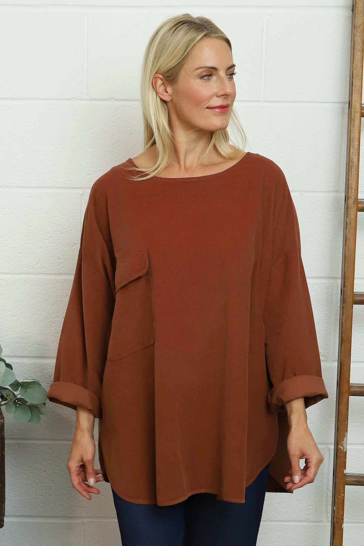 Selene Needlecord Pocket Top Burnt Orange