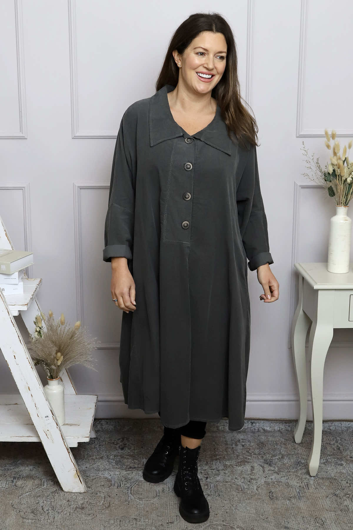 Amina Needlecord Dress Charcoal