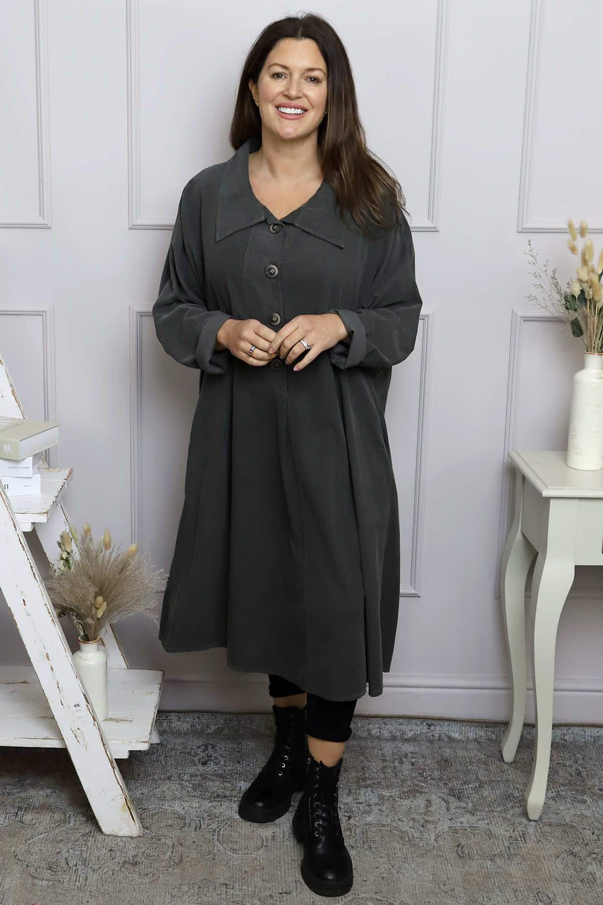 Amina Needlecord Dress Charcoal