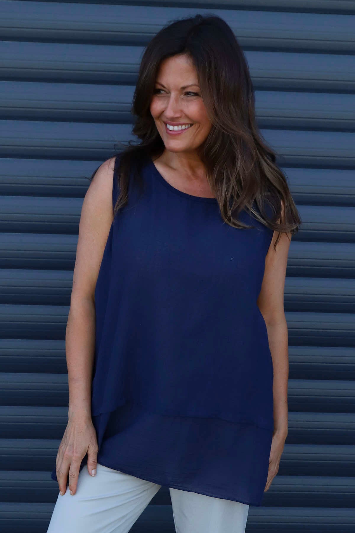 Perla Sleeveless Cotton Top Navy