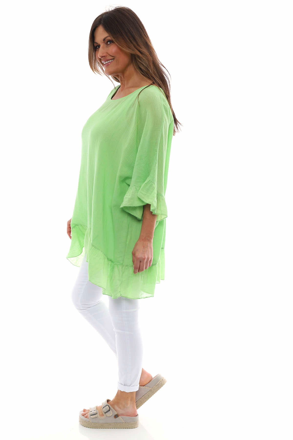 Cheyenne Frill Crinkle Cotton Top Green