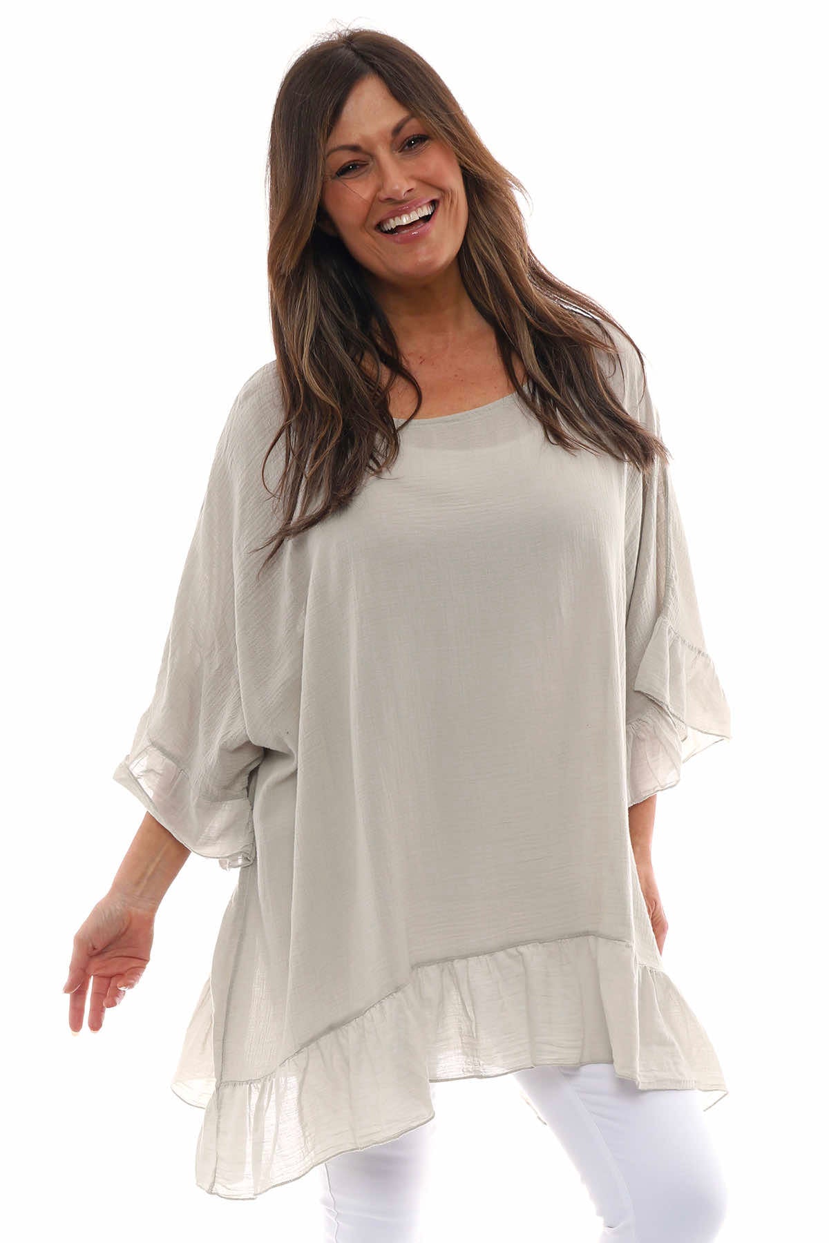 Cheyenne Frill Crinkle Cotton Top Stone