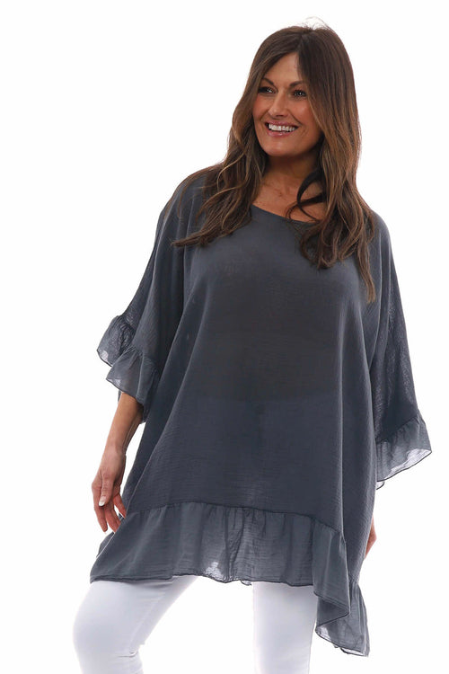 Cheyenne Frill Crinkle Cotton Top Charcoal - Image 3
