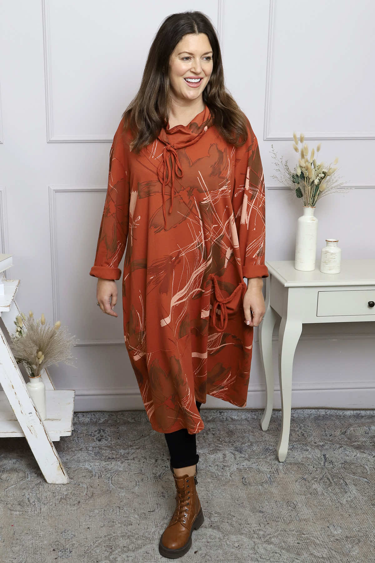 Charlize Pattern Cowl Neck Cotton Dress Burnt Orange