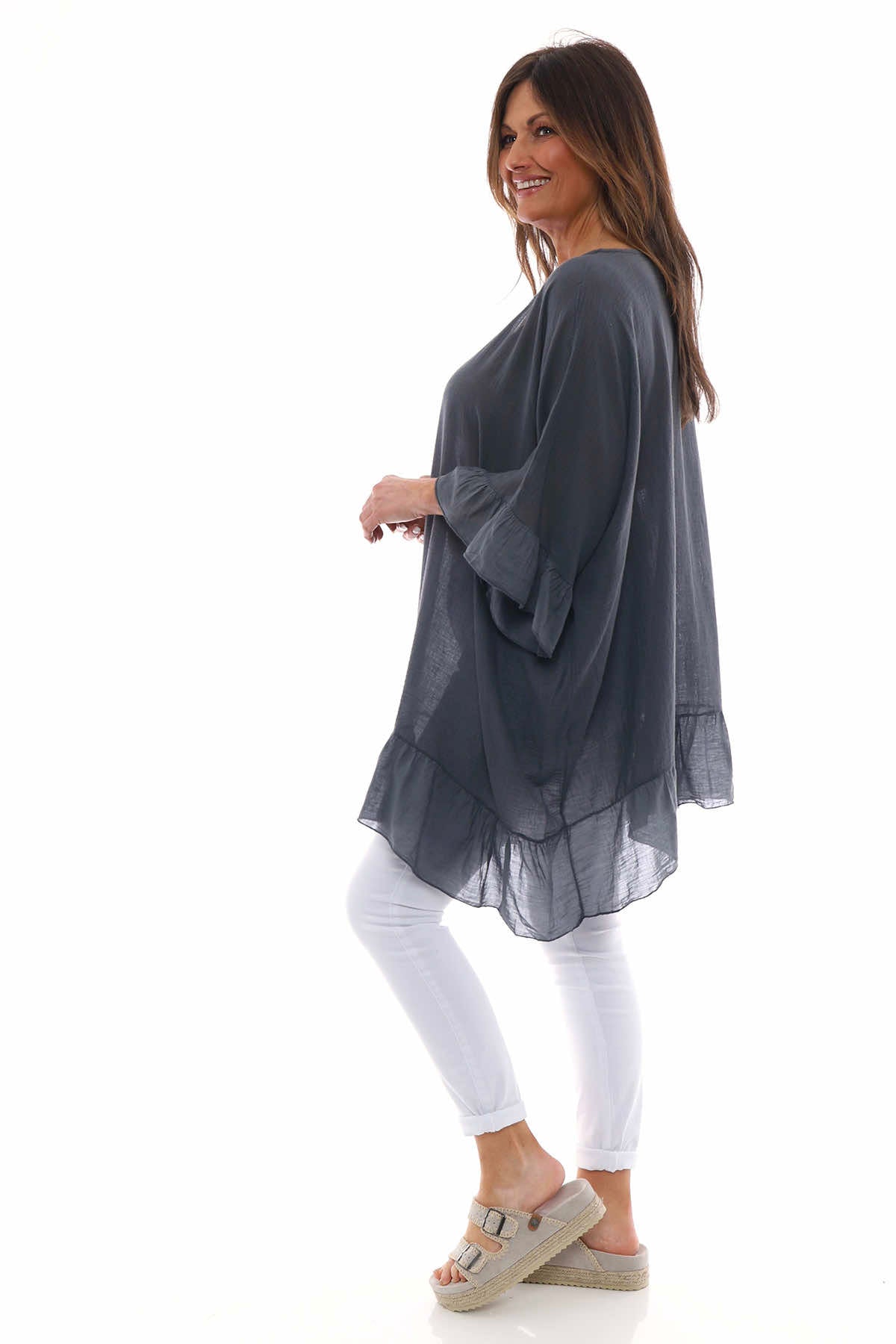 Cheyenne Frill Crinkle Cotton Top Charcoal