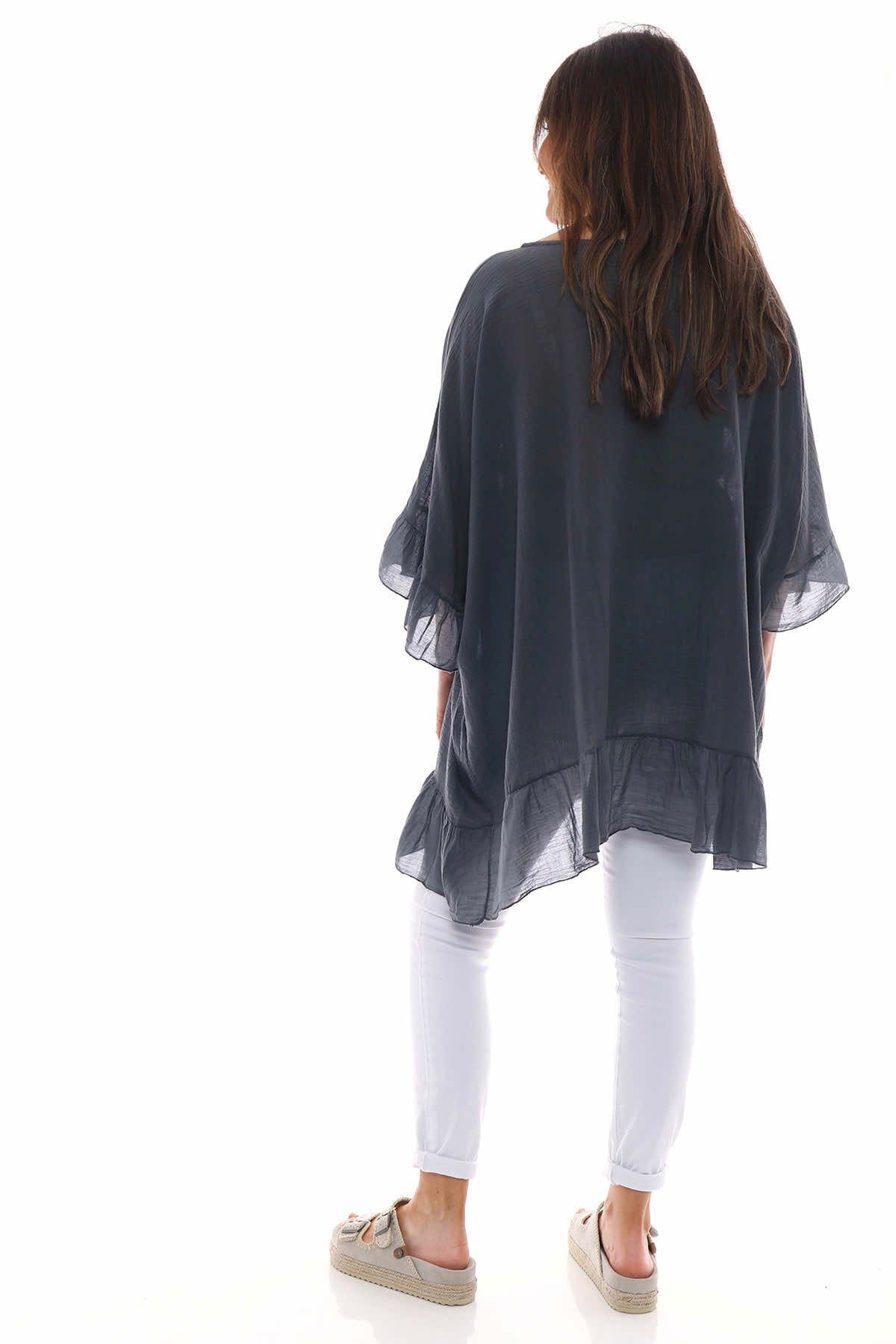 Cheyenne Frill Crinkle Cotton Top Charcoal