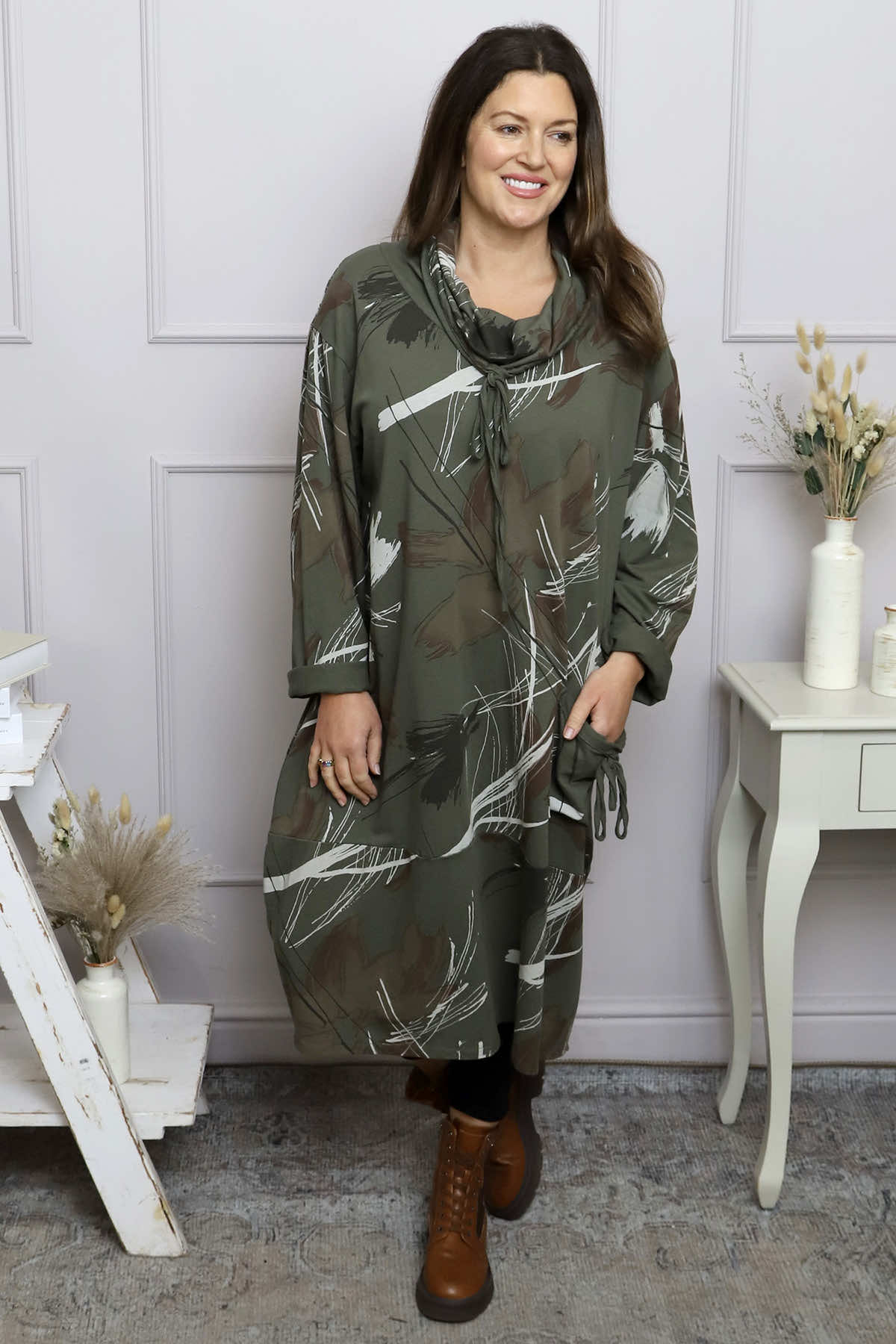 Charlize Pattern Cowl Neck Cotton Dress Khaki