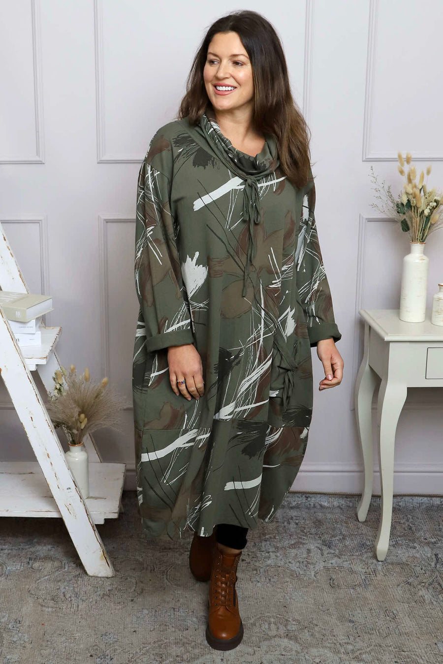 Charlize Pattern Cowl Neck Cotton Dress Khaki