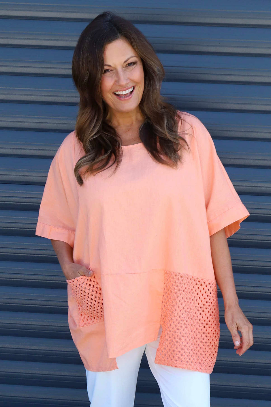 Cressida Crochet Detail Linen Top Orange