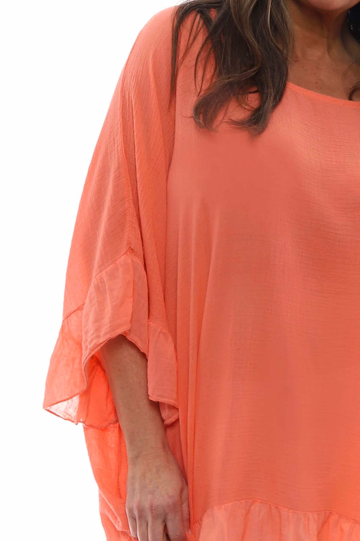 Cheyenne Frill Crinkle Cotton Top Coral