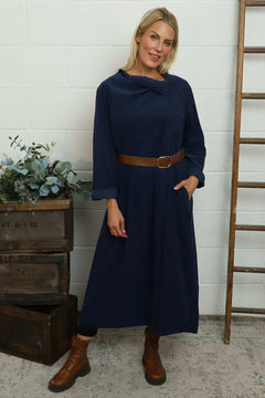 Eudora Belted Needlecord Dress Navy