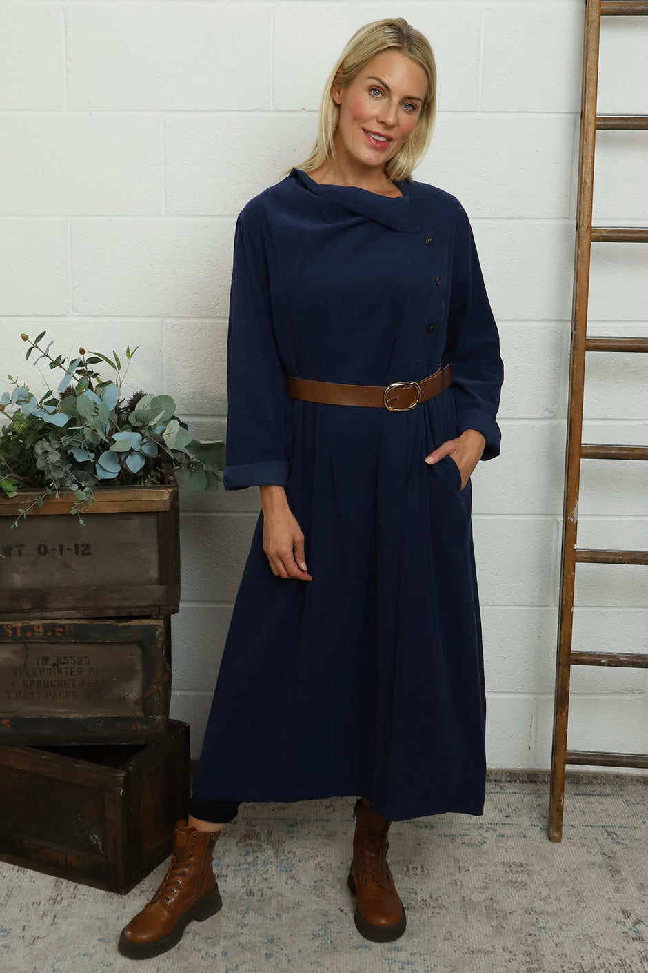 Eudora Belted Needlecord Dress Navy