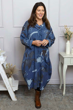 Charlize Pattern Cowl Neck Cotton Dress Blue Blue - Charlize Pattern Cowl Neck Cotton Dress Blue