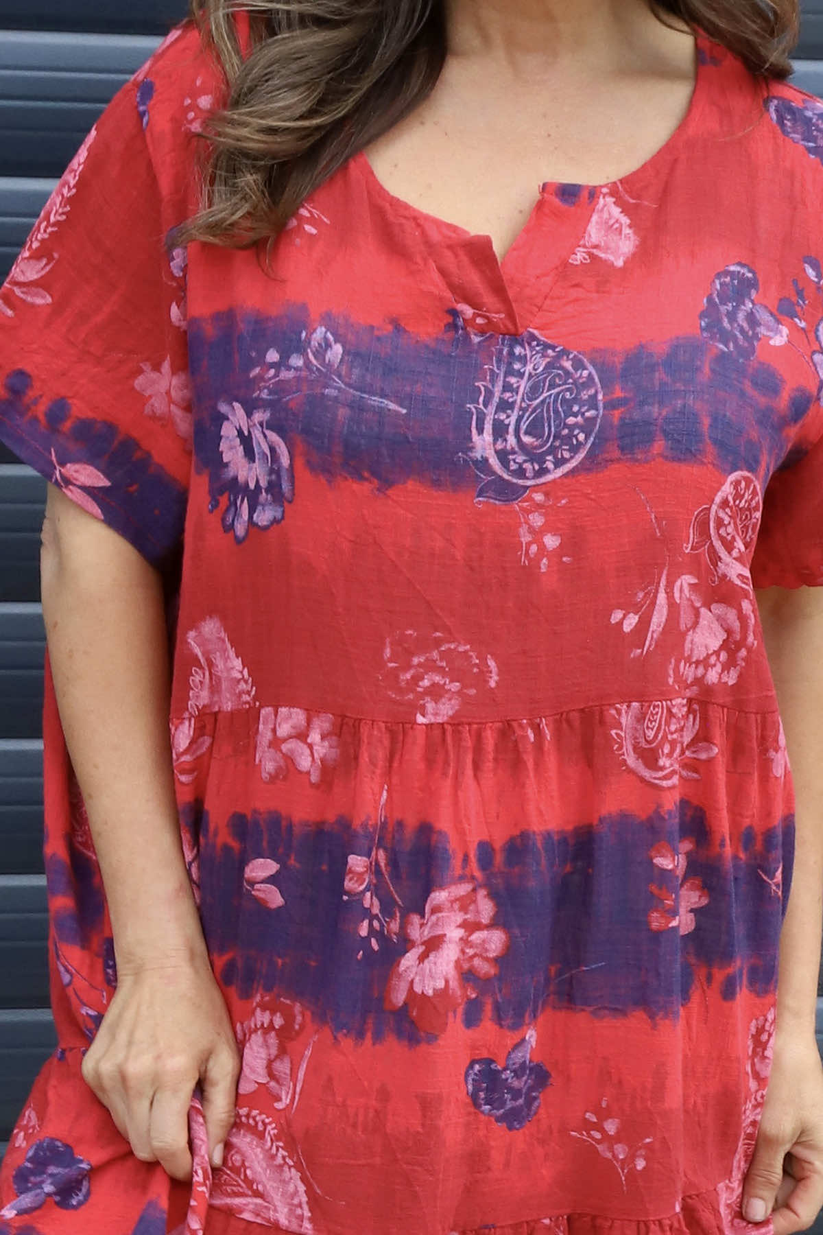 Erminia V-Neck Print Cotton Tunic Red