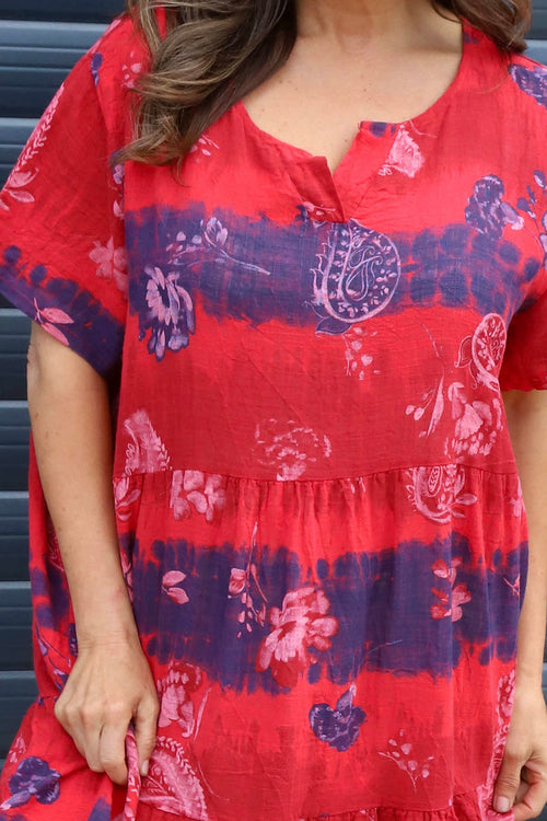 Erminia V-Neck Print Cotton Tunic Red - Image 3