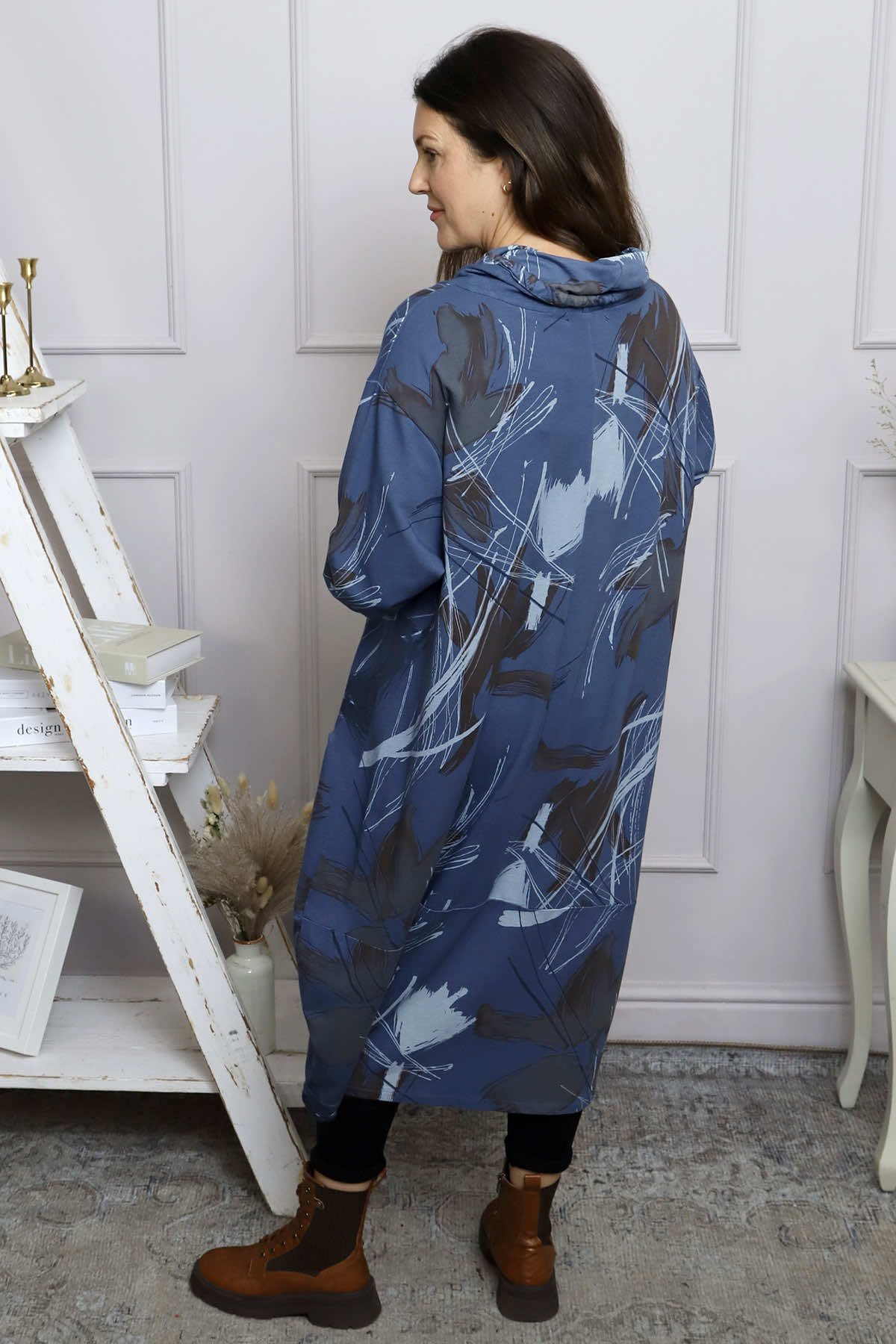 Charlize Pattern Cowl Neck Cotton Dress Blue