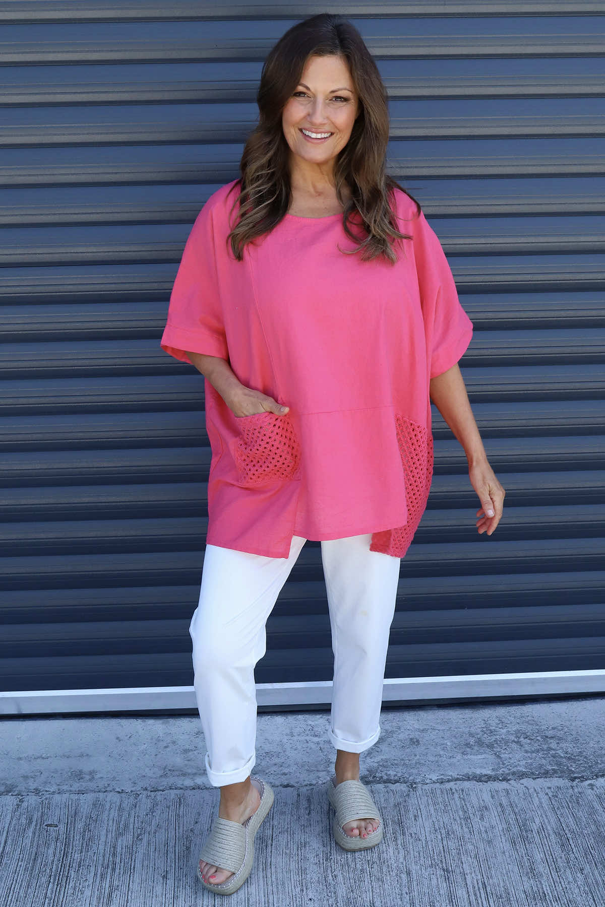 Cressida Crochet Detail Linen Top Fuchsia