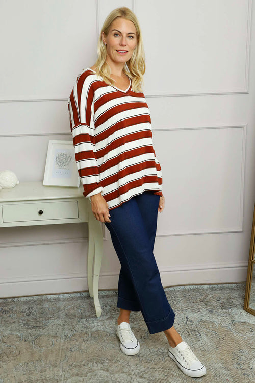 Kirsty Stripe V-Neck Knit Top Burnt Orange