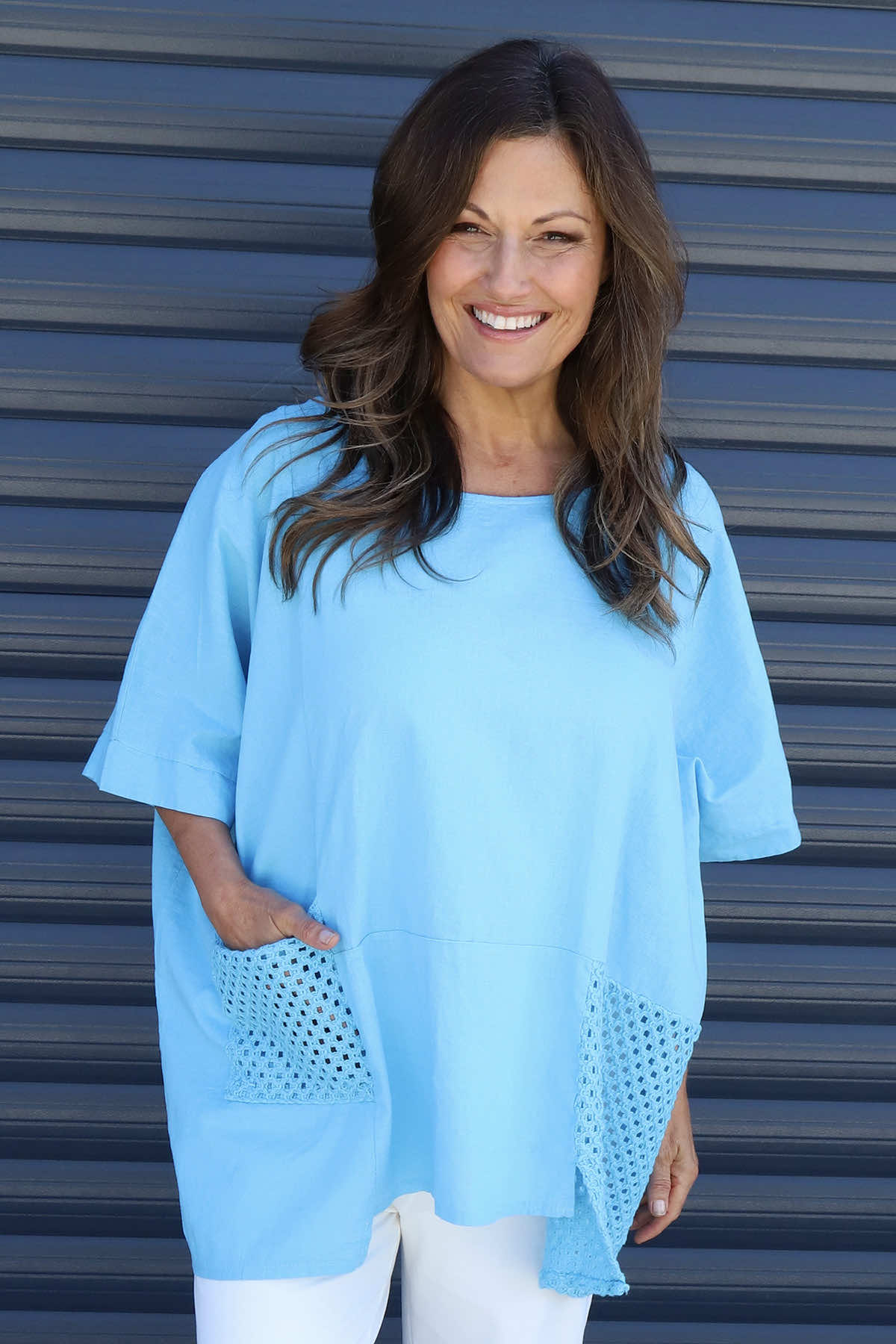 Cressida Crochet Detail Linen Top Kingfisher