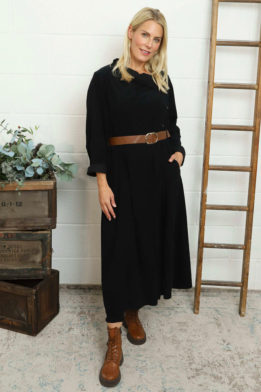 Eudora Belted Needlecord Dress Black