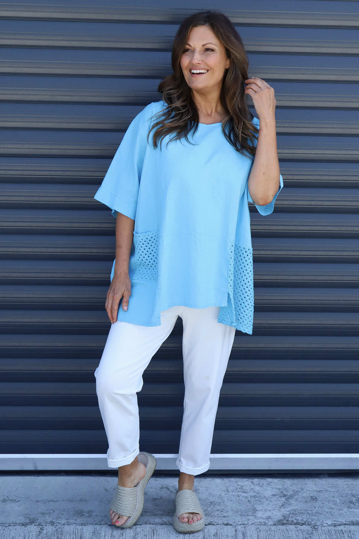 Cressida Crochet Detail Linen Top Kingfisher