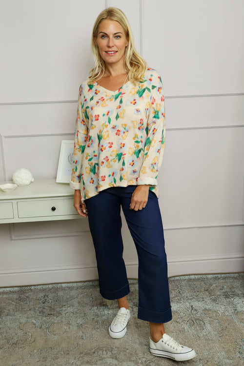 Kirsty Flower V-Neck Knit Top Cream