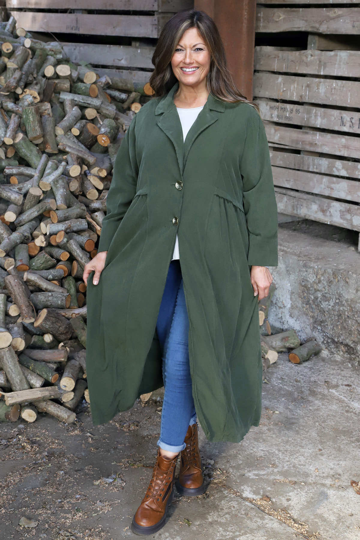 Meryl Long Needlecord Jacket Khaki