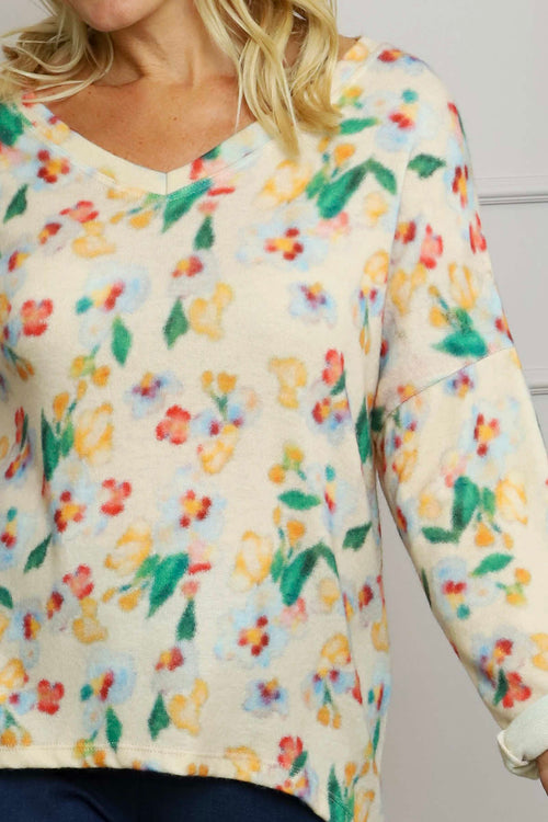 Kirsty Flower V-Neck Knit Top Cream - Image 3