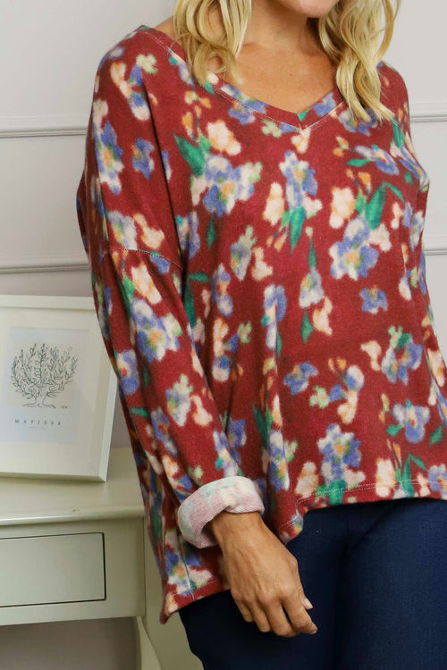 Kirsty Flower V-Neck Knit Top Wine - Image 3