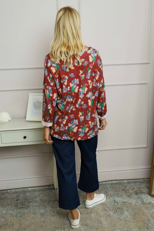 Kirsty Flower V-Neck Knit Top Wine - Image 4