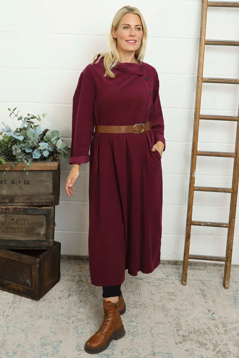 Eudora Belted Needlecord Dress Burgundy