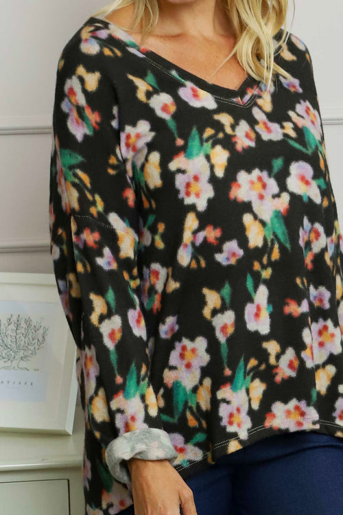 Kirsty Flower V-Neck Knit Top Black - Image 3