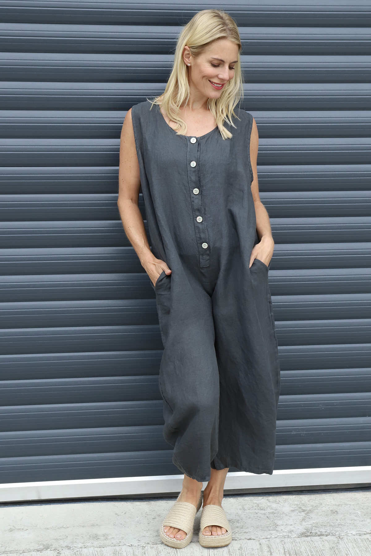 Margot Sleeveless Linen Jumpsuit Charcoal