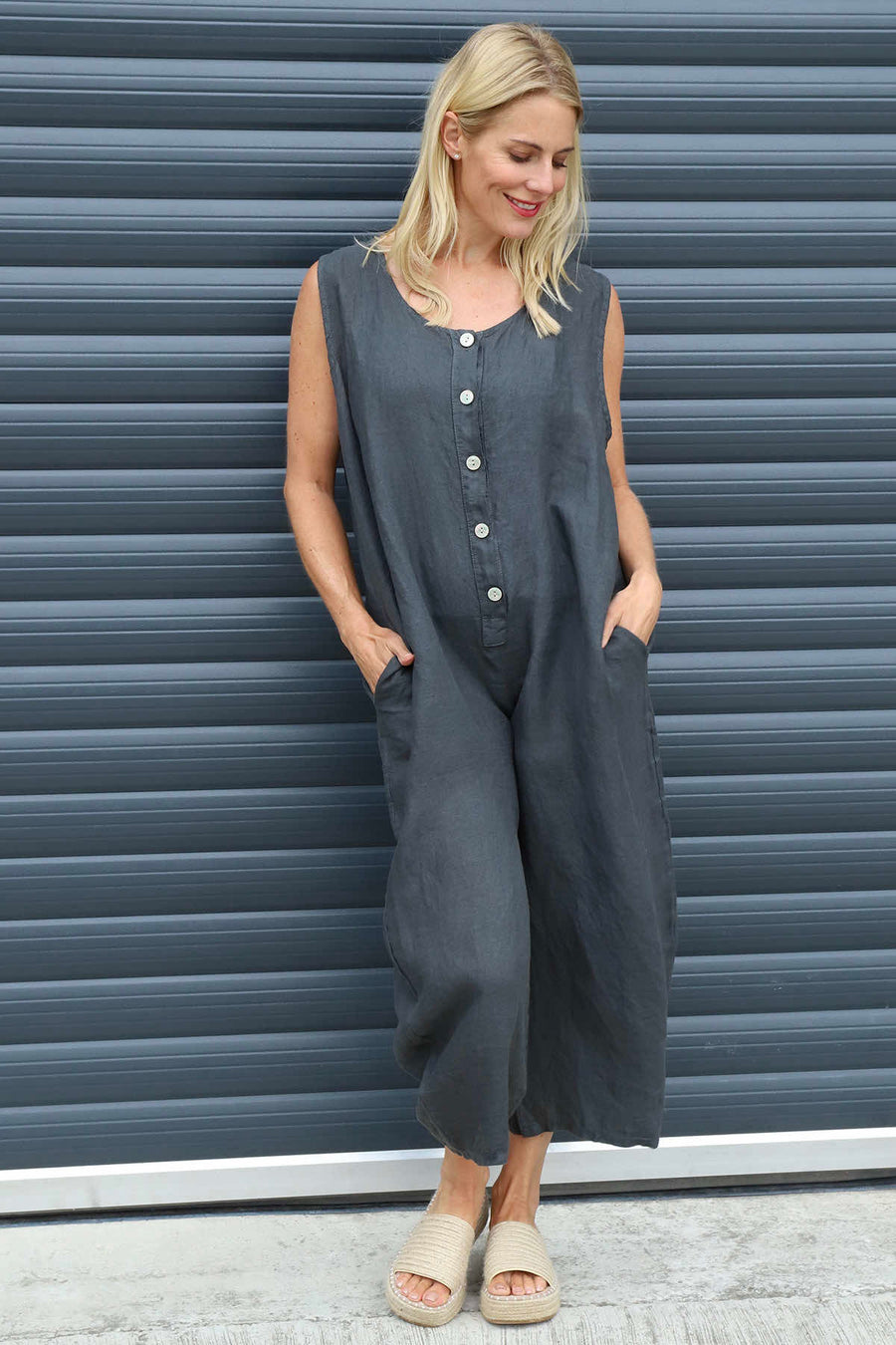 Margot Sleeveless Linen Jumpsuit Charcoal