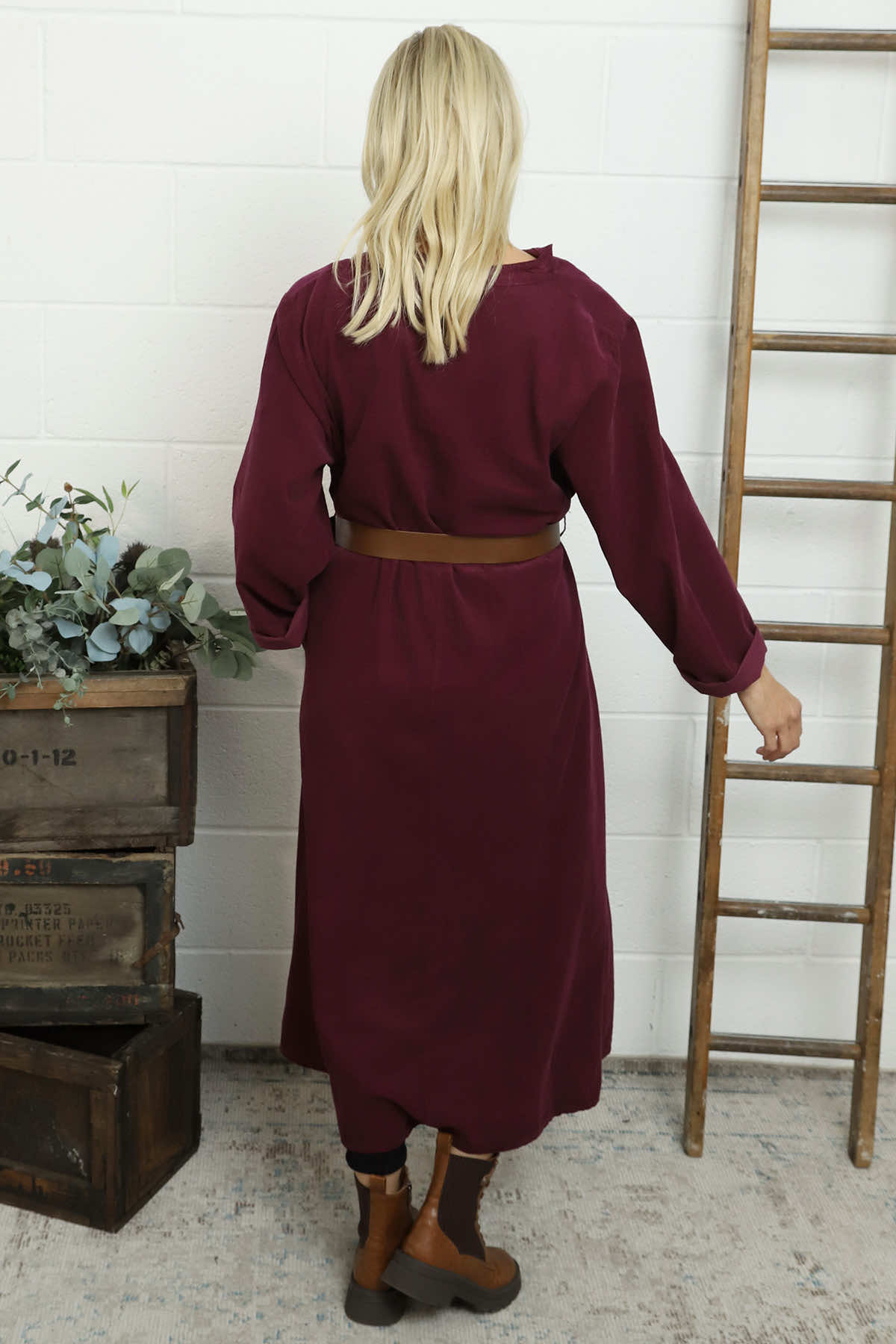 Eudora Belted Needlecord Dress Burgundy