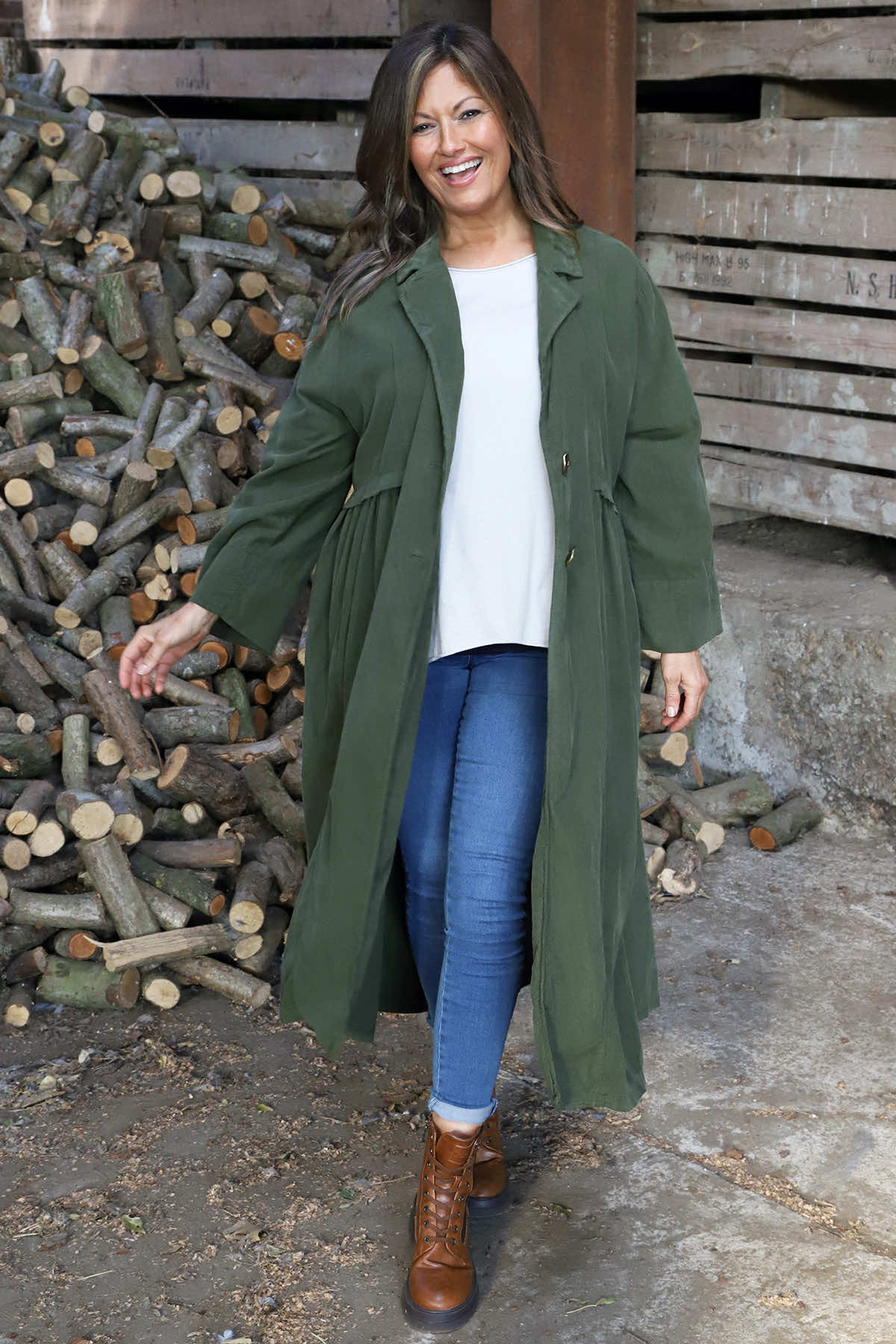 Meryl Long Needlecord Jacket Khaki