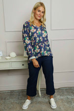 Kirsty Flower V-Neck Knit Top Navy Navy - Kirsty Flower V-Neck Knit Top Navy