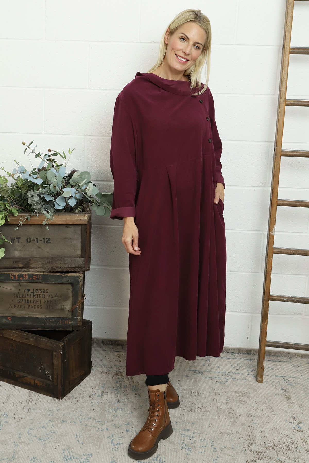 Eudora Belted Needlecord Dress Burgundy