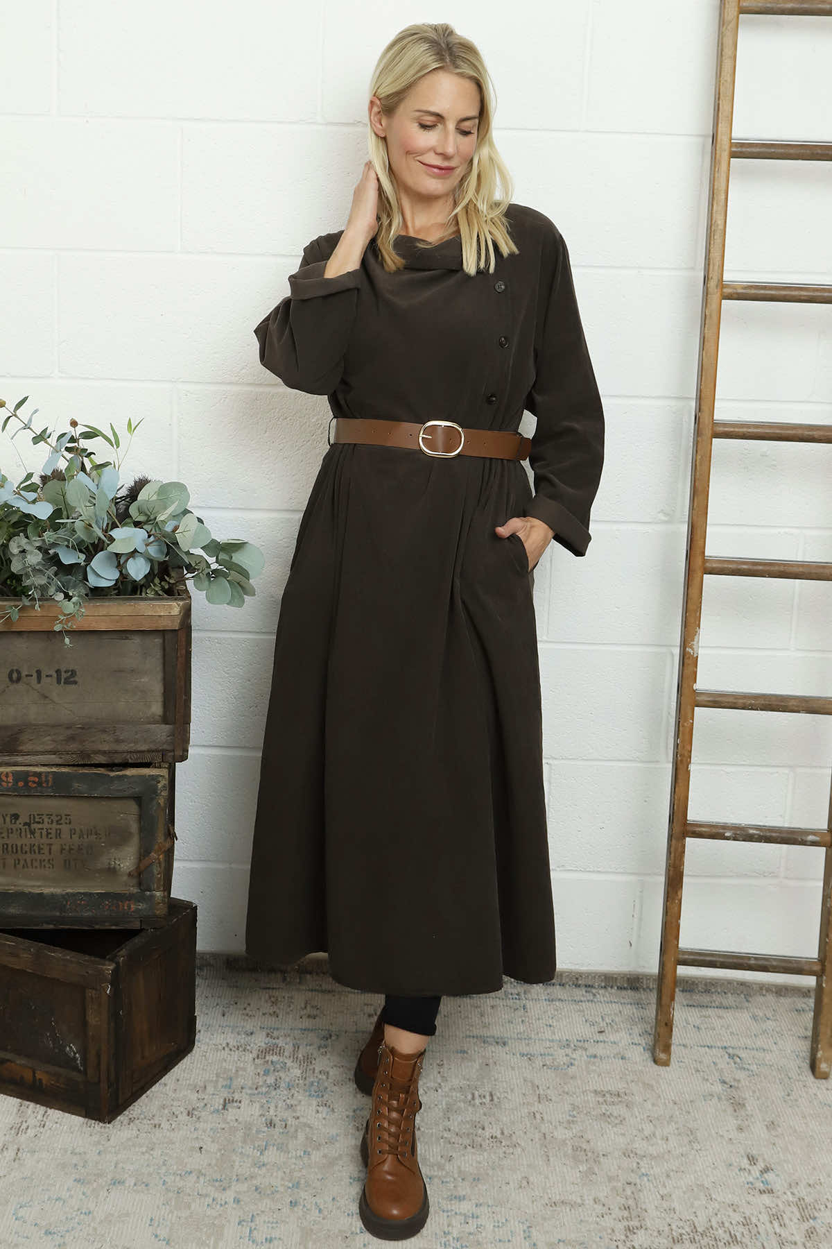 Eudora Belted Needlecord Dress Cocoa