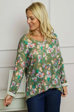 Kirsty Flower V-Neck Knit Top Khaki Khaki - Kirsty Flower V-Neck Knit Top Khaki